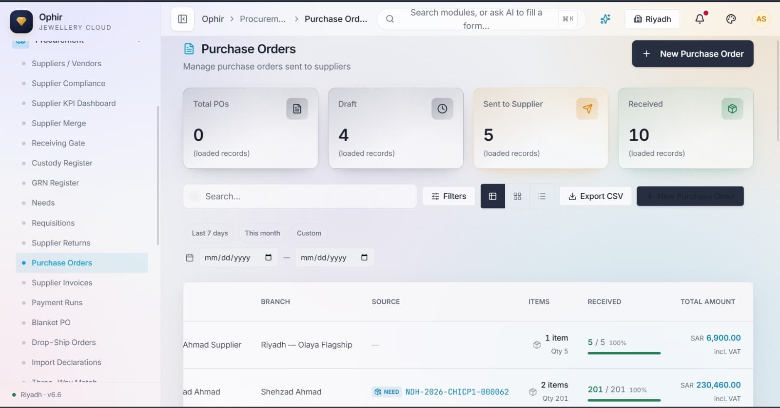 Ophir Jewellery purchase orders screen